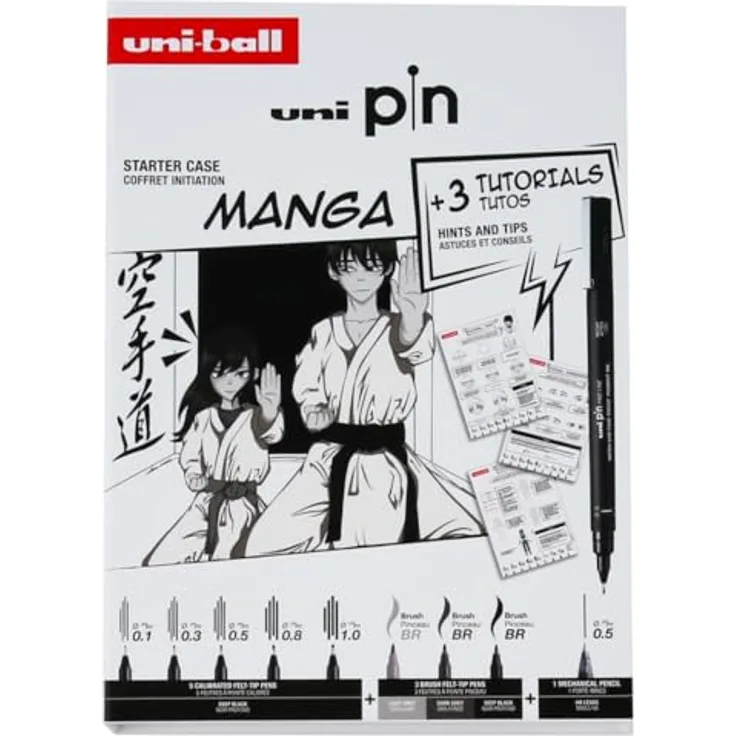 Uni-ball uni pin MANGA Edition, 9er Koffer mit 5 Finelinern und 3 Pinselspitzen, wasser- und lichtbeständige Tinte