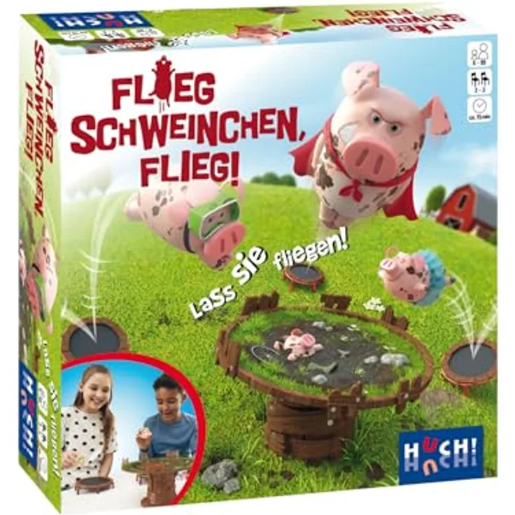Hutter Trade HUCH! | Flieg, Schweinchen, flieg | Lustiges Aktionsspiel ab 6 Jahren | Schnelles Reaktionsspiel | Dauer 15-20 Min. | Für 2-3 Spieler