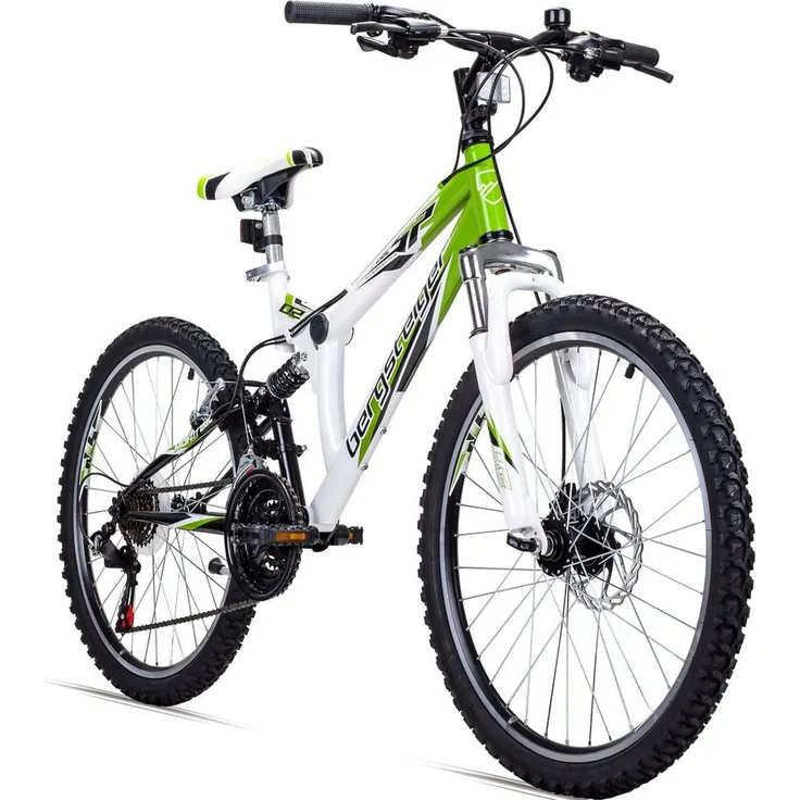 bergsteiger Mountainbike Montreal 20, 24 Zoll Kinderfahrrad, 6,7,8, 9, 10, 11, 12, 13 Jahre, 18 Gang Shimano Tourney RD-TZ50 Schaltwerk, Kettenschaltung, cooles Design, schwarz
