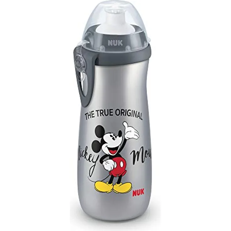 NUK First Choice Mickey Mouse Kinderflasche, 450 ml, grau, mit weichem Trinkschnabel für Kinder ab 36 Monaten