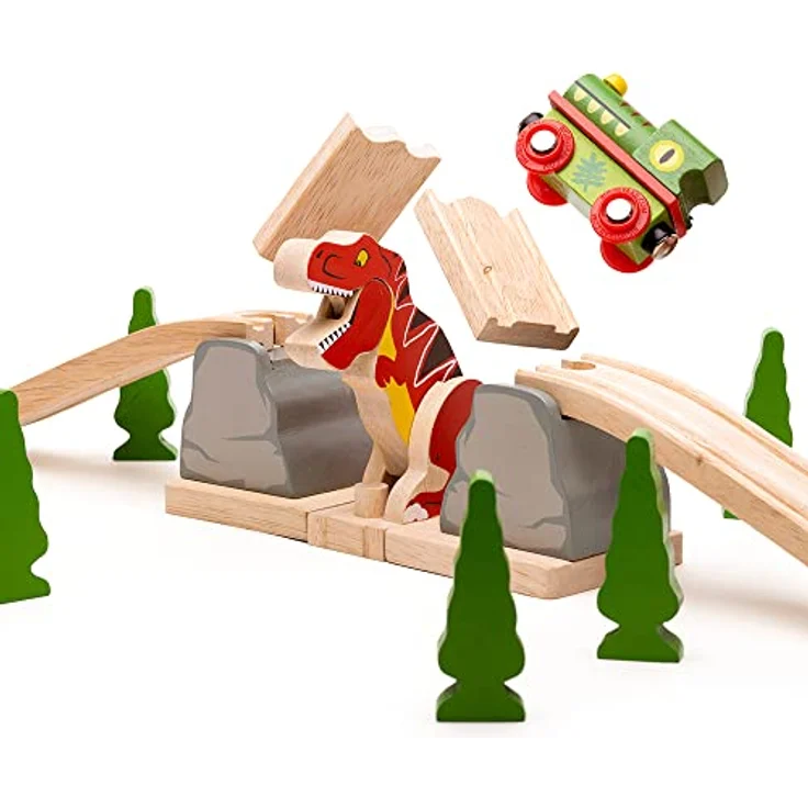 Bigjigs T-Rex Einsturz-Brücke, interaktive Holzeisenbahn-Brücke mit durchbrechendem Dinosaurier, geeignet ab 3 Jahren – Bild 1