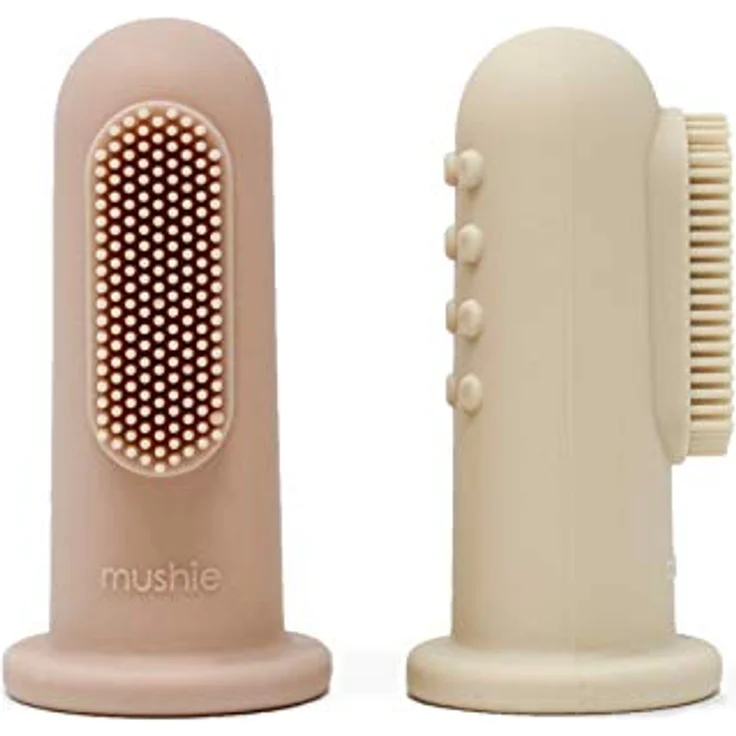 Mushie Fingerzahnbürste für Babys, 2er Packung aus lebensmittelechtem Silikon, beruhigend für Zahnfleisch, Farbe Erröten/Shifting Sand – Bild 1