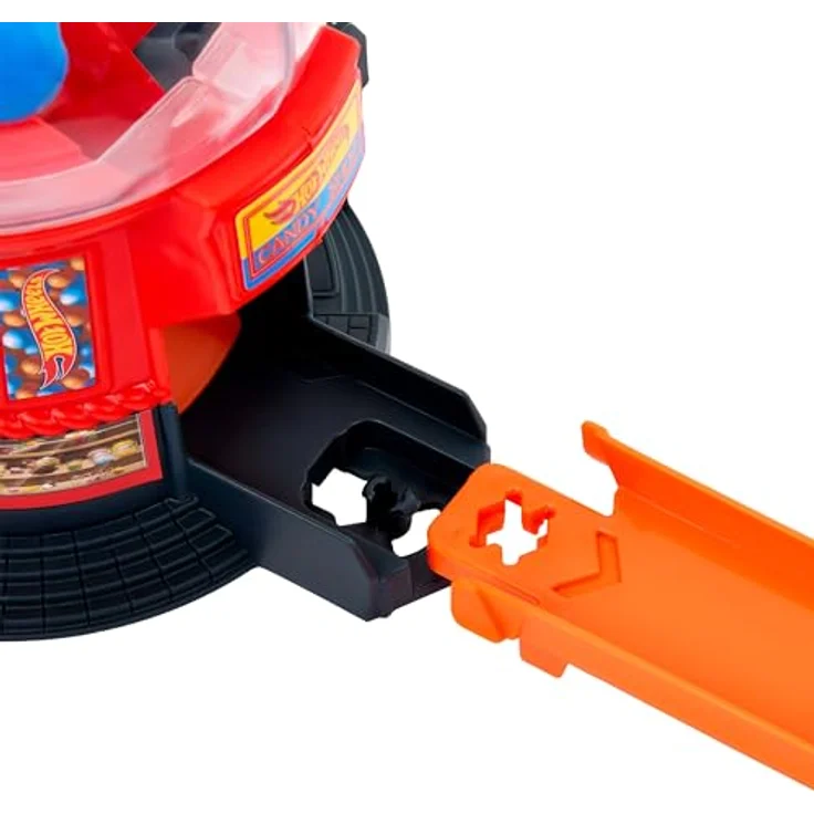 Hot Wheels Spielzeugauto Trackset, Kaugummiautomat-Spielset im Maßstab 1:64 mit Die-Cast-Auto in Donut-Form, Track-Schnellstecksystem und Süßigkeitenladen in der Stadt, JBM62 – Bild 5