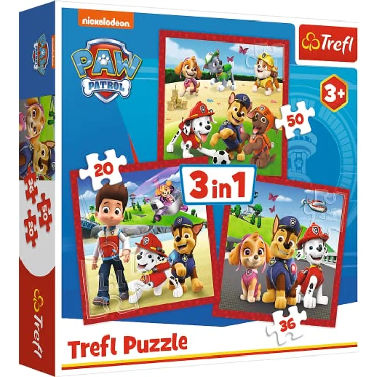 Trefl 34867, 20 bis 50 Elementen-Puzzles mit Märchenfiguren, Verschiedene Schwierigkeitsgrade, Kreative Unterhaltung für Kinder ab 3 Jahren Holzpuzzle Hochelement, PAW Patrol, Fröhliche Welpen-3in1 – Bild 1