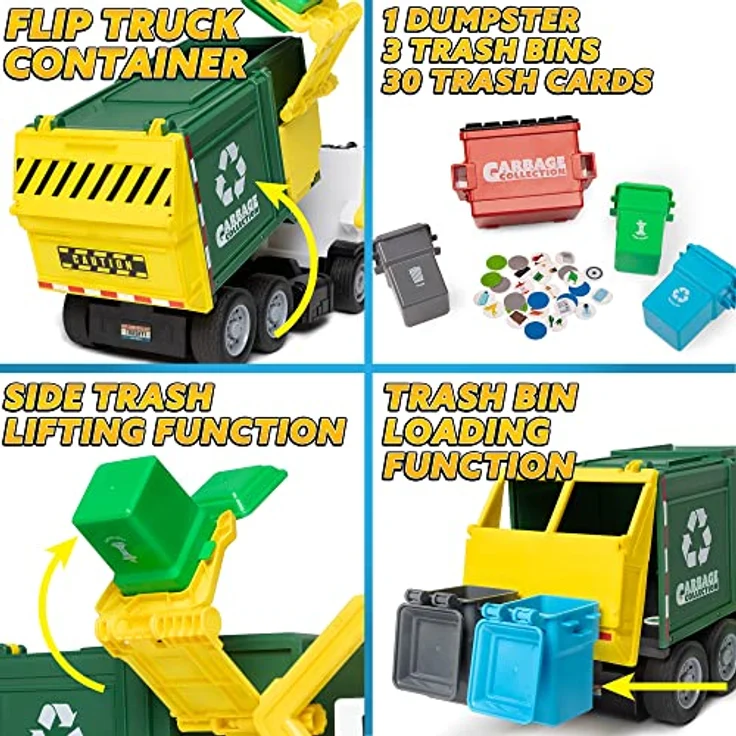JOYIN Müllauto Spielzeug, großer Müllwagen mit Lichtern und Sound, 40 cm, inkl. Frontlader und 3 Mülleimern (Grün) – Bild 4