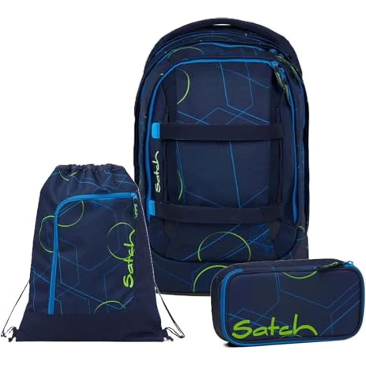 Satch Pack Schulrucksack Set 3tlg. mit 3D Soft-Mesh Rückensystem, Schlamperbox und Sportbeutel, Blue Tech – Bild 1