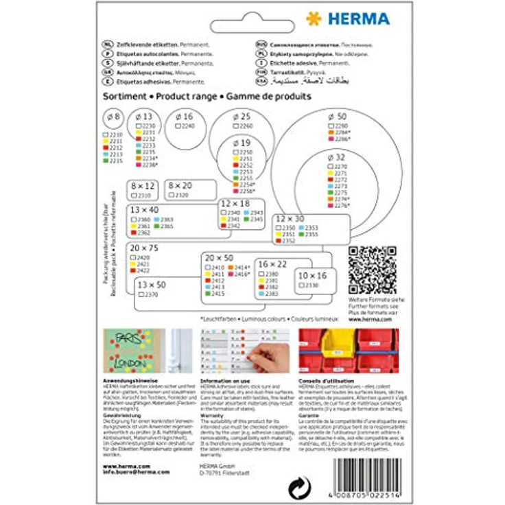 HERMA 2251 Punktaufkleber Klebepunkte perforiert gelb, 32 Blatt, Ø 19 mm, 40 pro Bogen, 1280 Aufkleber, selbstklebend, Markierungspunkte zum Beschriften, runde Farbpunkte aus Papier, blanko – Bild 2