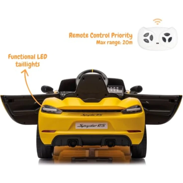 Vrooomy Porsche 718 Spyder RS, Kinder Elektroauto 12V mit Fernbedienung, für 1 bis 5 Jahre, Gelb, MP3-Player, Sicherheitsgurt, LED-Beleuchtung – Bild 4