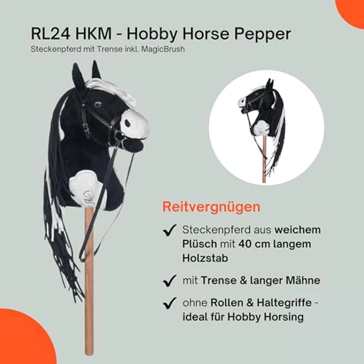 RL24 Hobby Horse Pepper, Steckenpferd aus Plüsch mit Holzstock und langer Mähne, schwarz/weiß, inkl. Trense und MagicBrush, ideal für Hobby Horsing – Bild 3