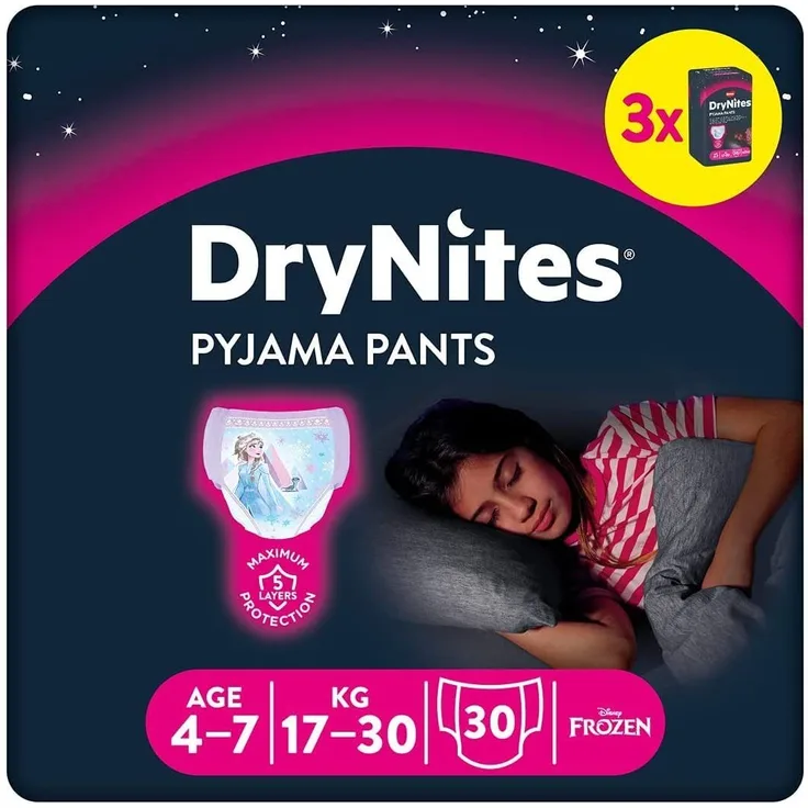 HUGGIES DryNites Nacht-Windeln Mädchen 4-7 J. (17-30kg), 30 Stk - Disney Designs, speziell für Mädchen geeignet