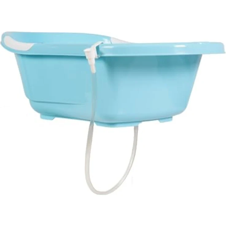 Moni Babybadewanne Lilly platzsparend mit Wasserablauf, Ablagefächer für Zubehör, blau – Bild 5