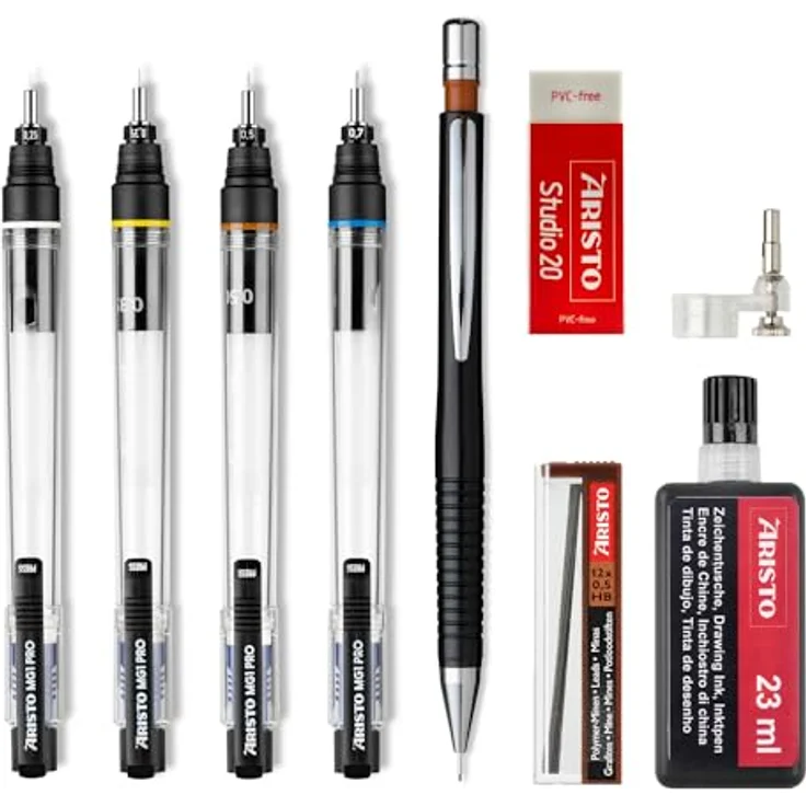 Aristo Tuschefüller Kassette MG1, Set mit 4 Füllern (0,25 mm - 0,70 mm), inkl. Feinminenstift und 23 ml Nachfülltusche, transparent – Bild 3
