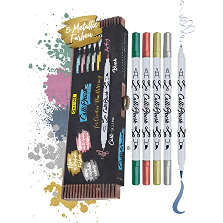 Online Brush-Pen Set Calli.Brush Metallic I 5 Double-Tip Pinselstifte in glänzenden Metallic-Farben mit Kalligrafie-Spitze & Pinselspitze I Ungiftige Handlettering Stifte für Kalligraphie, Bullet Journals & Co. I in Bambus-Etui – Bild 1