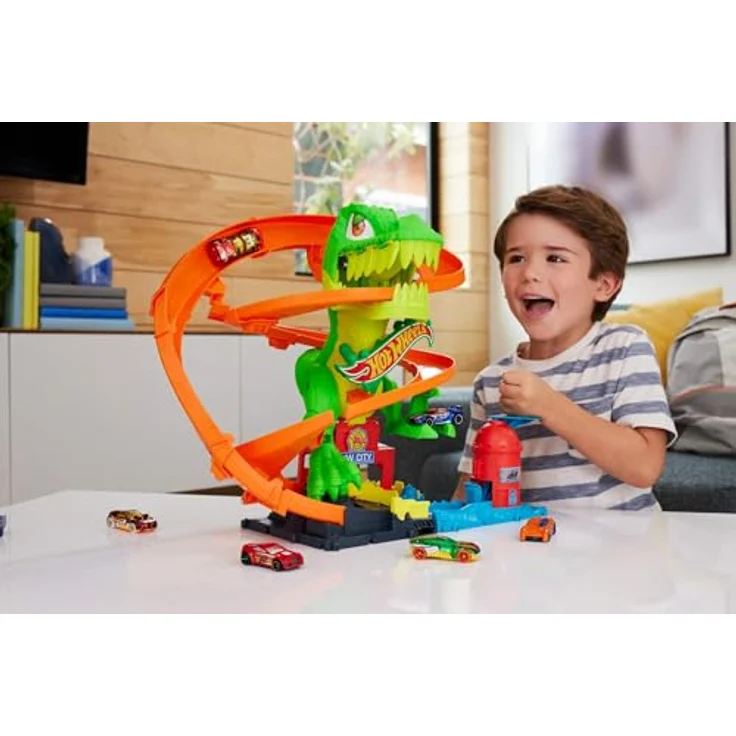 Hot Wheels T-Rex-Schlacht Rennbahn, Autorennbahn mit Die-Cast Feuerwehrwagen im Maßstab 1:64, interaktive T-Rex-Funktionen und Aufbewahrungsmöglichkeiten für Autos – Bild 2