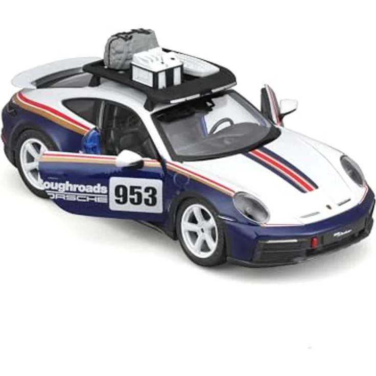 Bburago Porsche 911 Dakar, Modellauto im Maßstab 1:24, weiße und blaue Lackierung, bewegliche Türen, detailgetreues Interieur – Bild 5
