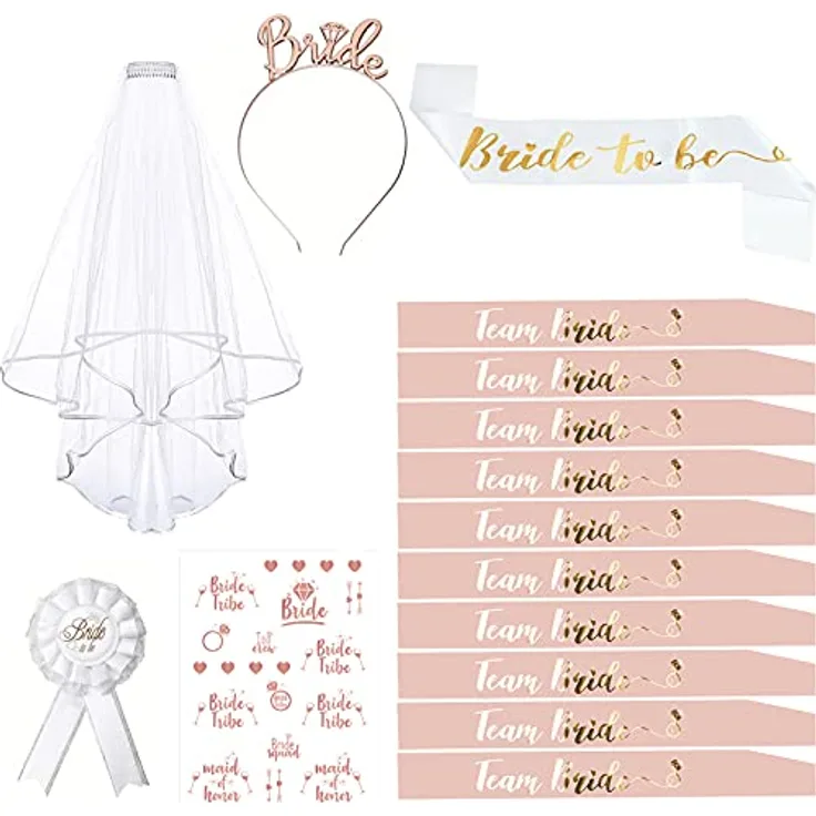 Mytovosn Deko Schärpe Set, 15PCS mit 1 Braut Schärpe, 10 Team Bride Schärpen, Schleier, Tiara, Tattoos und Accessoires für Junggesellinnenabschied, roségold