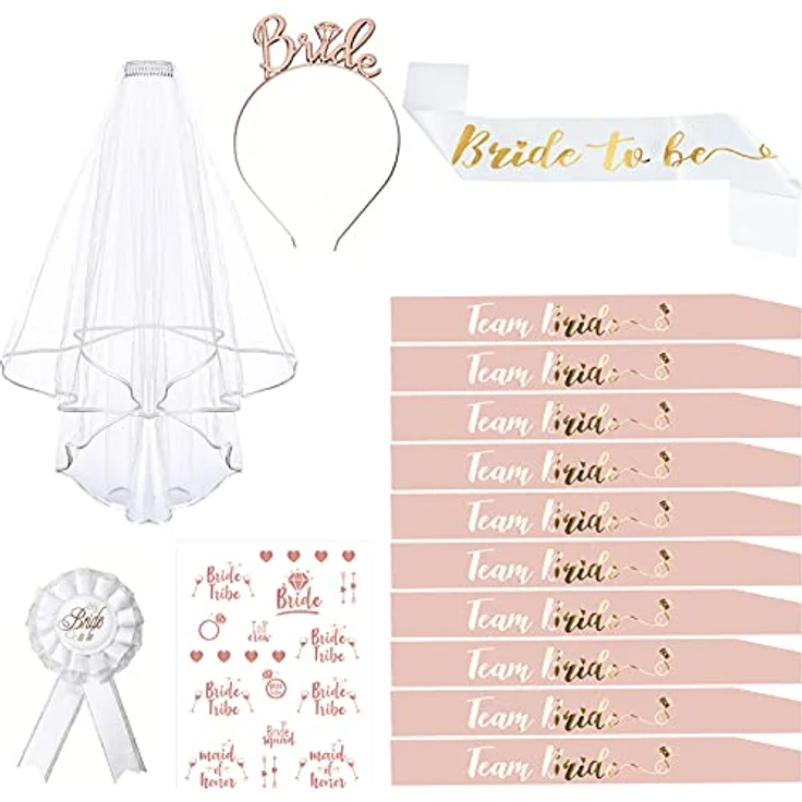 Mytovosn Deko Schärpe Set, 15PCS mit 1 Braut Schärpe, 10 Team Bride Schärpen, Schleier, Tiara, Tattoos und Accessoires für Junggesellinnenabschied, roségold – Bild 1