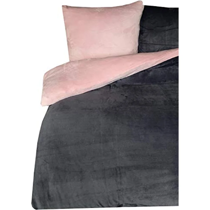 Leonado Vicenti - Warme Plüsch Bettwäsche, 2 Stück, 135x200 cm Uni Wendebettwäsche Garnitur Set mit Reißverschluss in Rosa / Anthrazit – Bild 1