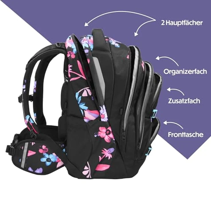 Coocazoo PORTER Schulrucksack „Floral Artnight”, schwarz-blau, ergonomisch, höhenverstellbar, mit Brustgurt & Hüftgurt, für 3. Klasse, 5 Fächer, reflektierend, nachhaltig – Bild 3