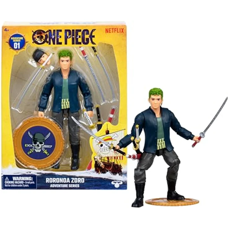 One Piece Zorro Actionfigur, 15,24 cm, mit 5 Zubehörteilen, austauschbare Schwerter, austauschbares Gesicht und Berry-Münzen-Sockel – Bild 1