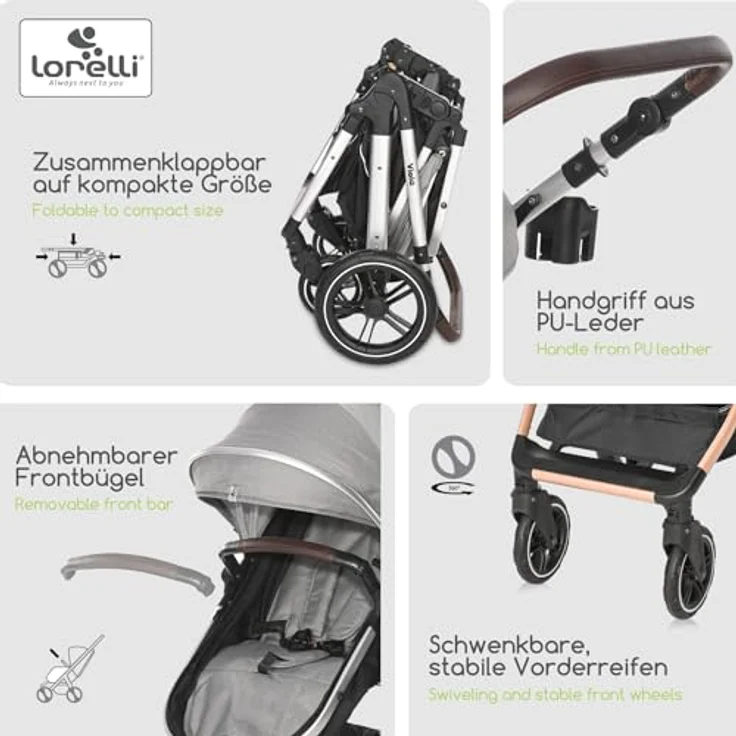 Lorelli Viola Kinderwagen 2 in 1, Umwandelbar in Sportsitz, Baby Kombikinderwagen bis 22kg, Große Gummireifen, Schwarz – Bild 5