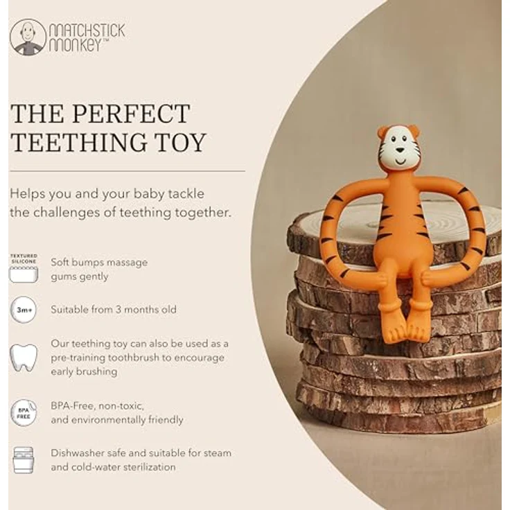 Streichholz-Affe - Lebensmittel-Silikon-Flachgesicht-Tier-Zahnspiel - kleiner Affe Matchstick Monkey Beißring/Zahnungshilfe/für wundes Zahnfleisch/ab 3 Monaten/Tiermotiv Teddy Tiger – Bild 3