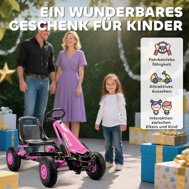 AIYAPLAY Go-Kart Tretauto, mit Handbremse und verstellbarem Sitz, für Kinder 3-8 Jahre, rosa, Pedalantrieb – Bild 8
