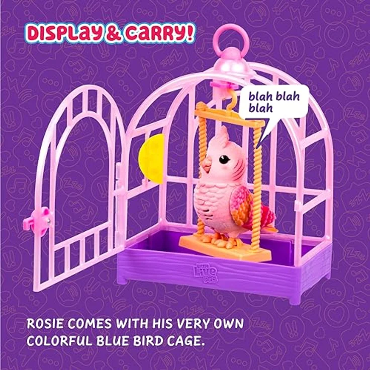 Moose Little Live Pets My Really Real Bird - Rosie, interaktiver Nymphensittich mit Käfig, rosa – Bild 5