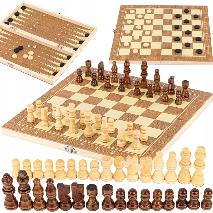 Kinderplay 3-in-1 Holz Brettspiel Set, Schach, Dame und Backgammon, klappbar, für Kinder und Erwachsene
