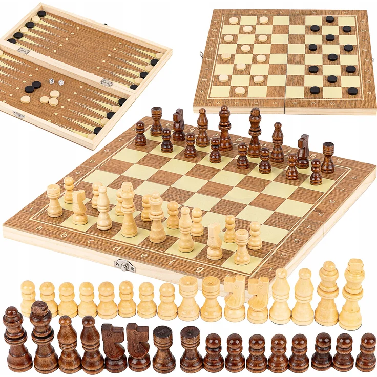 Kinderplay 3-in-1 Holz Brettspiel Set, Schach, Dame und Backgammon, klappbar, für Kinder und Erwachsene