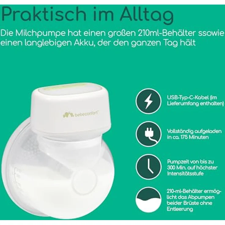 Bebeconfort Diskrete Milchpumpe Handsfree, elektrische, leise Milchpumpe mit 3 Pumpmodi, 15 Saugstufen, langlebigem Akku und 210 ml Behälter – Bild 5