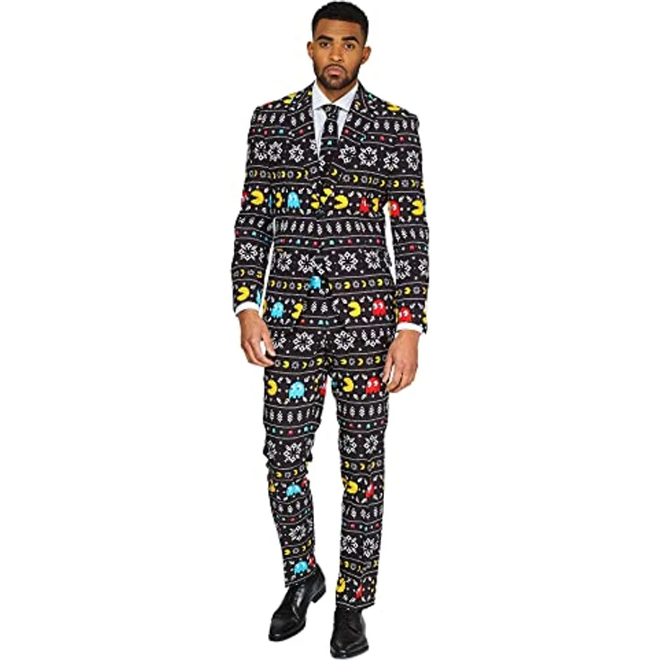 OppoSuits Winter Pac-Man, dreiteiliger Slim-Fit Anzug mit Jackett, Hose und Krawatte, komplett gefüttert, schwarz – Bild 1