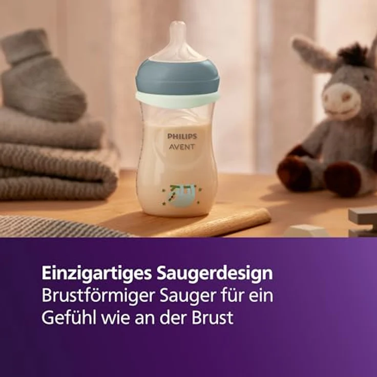 Philips Avent Natural Response Set für die Nacht, 260 ml Babyflasche mit mittlerer Durchflussrate (Mittel 3), leuchtender Ring für Dunkelheit, ultra soft Schnuller mit Motiv müdes Faultier, SCD838/17 – Bild 4