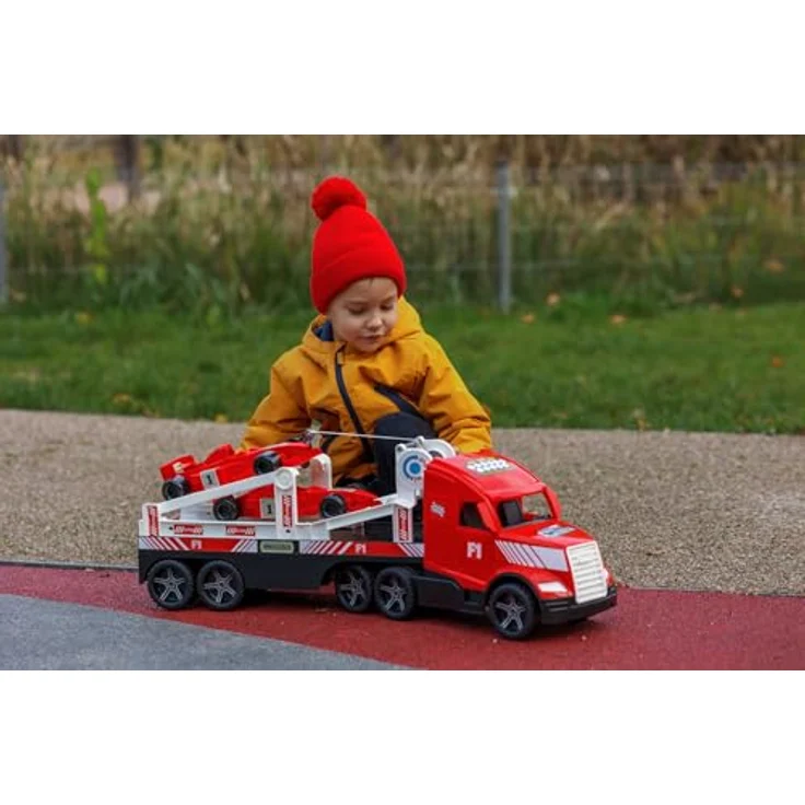 Wader 36241 Magic Truck Formel 1 Transporter mit Seilwinde, Größe ca. 79 cm, für Kinder ab 3 Jahren, schadstofffreies Spielzeug mit leuchtenden Scheinwerfern – Bild 5