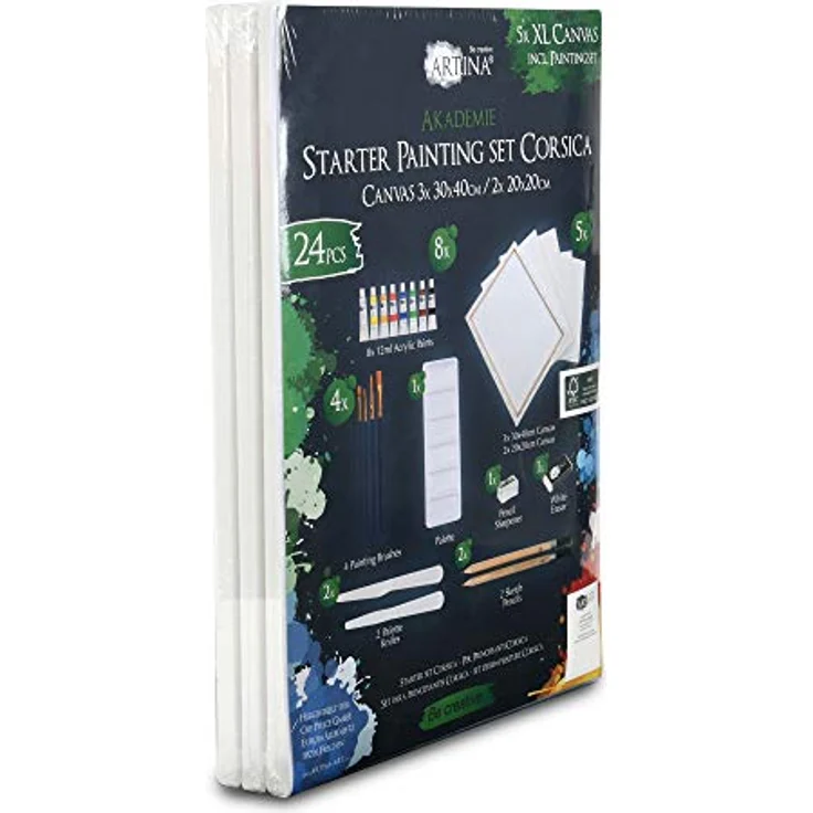 Artina Kreativset Corsica, 24tlg Zeichen- & Acrylmalset mit 5 Leinwänden, 8 Acrylfarben und Pinselzubehör – Bild 8