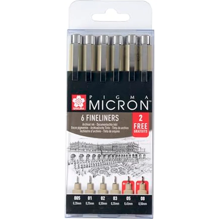 Sakura Pigma Micron Fineliner Set, 6-teilig in Schwarz, Strichstärken 0,2 - 0,5 mm, inkl. 2 GRATIS Stiften – Bild 1