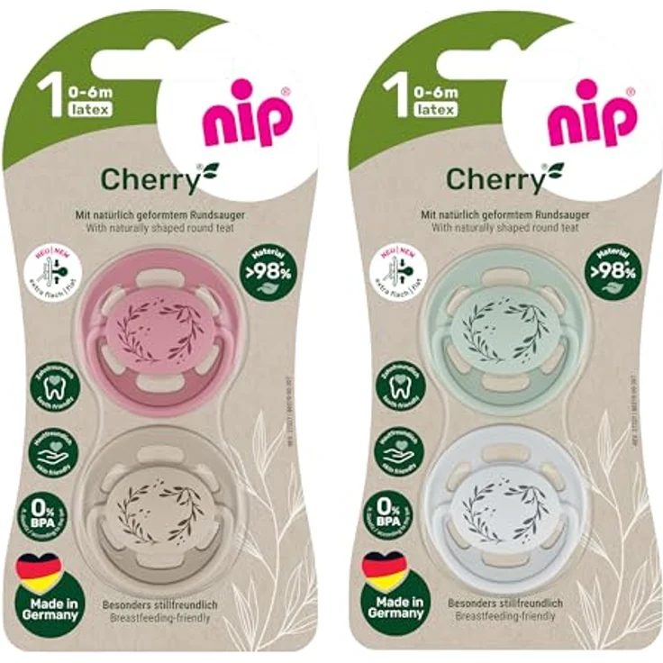 nip Schnuller Cherry Greenline, Beruhigungssauger im 4er Set, runde Kirschformschnuller mit extra dünnem Schaft, Latex, für 0-6 Monate, BPA-frei – Bild 2