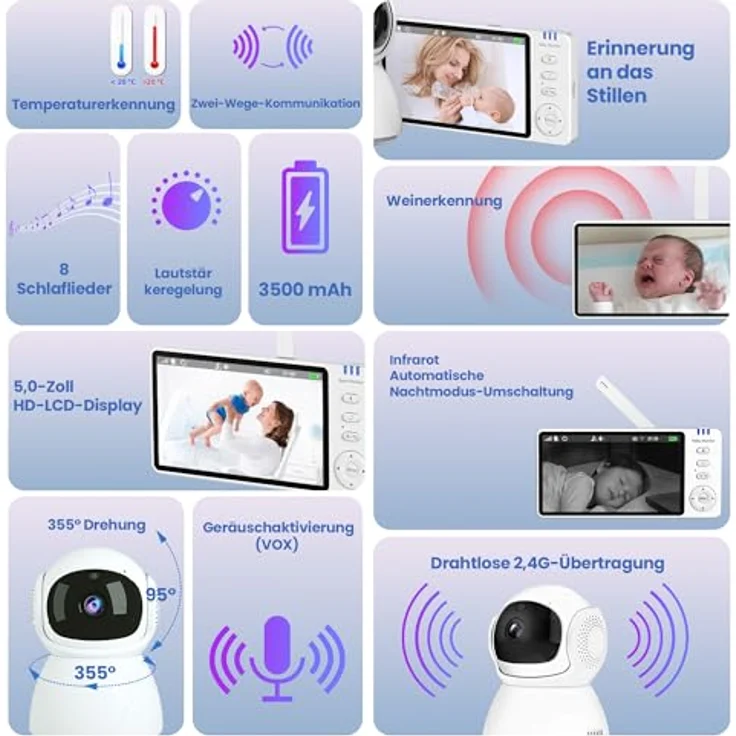 EXTRALINK Babyphone mit Kamera, 5 Zoll HD Display, Nachtsicht, 2-Wege Audio, VOX, Temperaturüberwachung, FHSS 2,4GHz, 300m Reichweite, 3500mAh Akku – Bild 2
