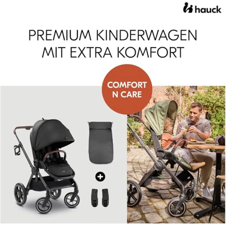 hauck Comfort N Care, Black - Kinder Buggy mit Liegefunktion, wendbarem Sitz, XL Verdeck UPF 50+, Federung und Gummi Rädern, bis 22 kg, inkl. Beindecke und Getränkehalter – Bild 2
