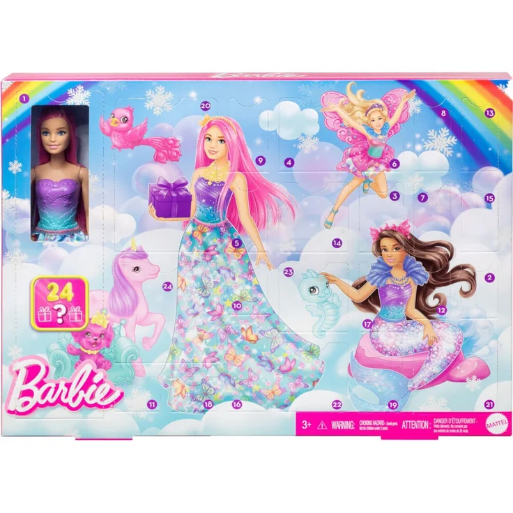 Mattel Barbie Dreamtopia Adventskalender mit Barbie-Puppe und 24 Überraschungen, rosa Haar, Fantasy-Thema
