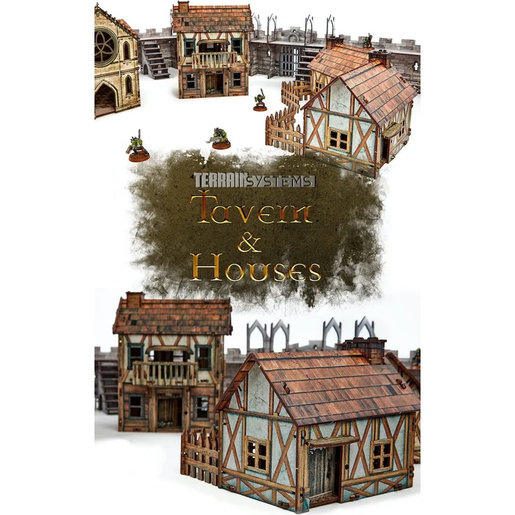 e-Raptor Constructions Set - Tavern and Houses 2, modulares Brettspiel-Set aus HDF mit 3 Häusern und 2 Zäunen, doppelseitig bedruckt