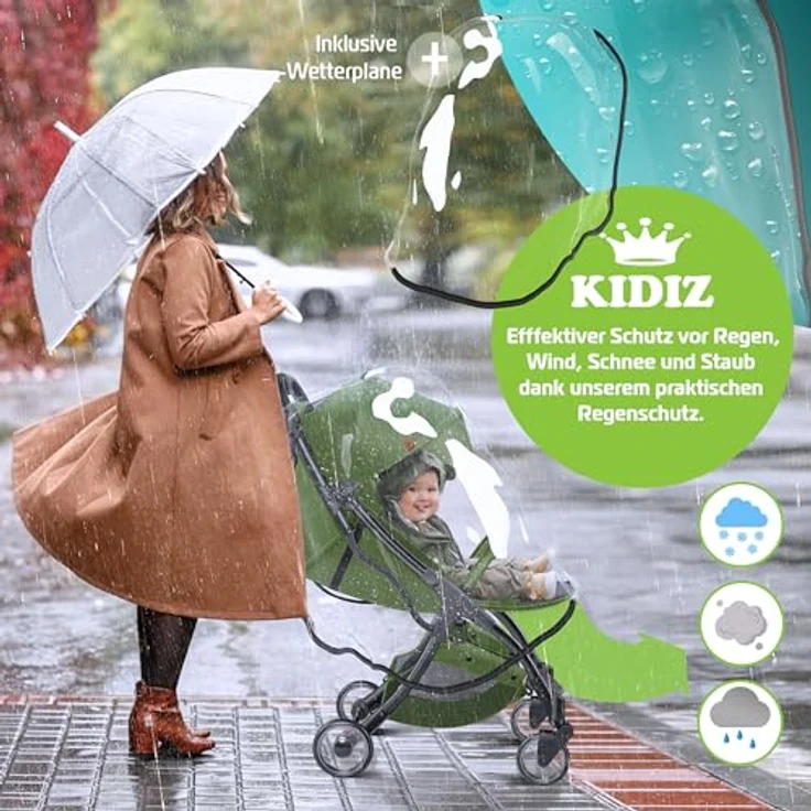 KIDIZ® Kinderwagen Premium Kinderbuggy klappbar, Liegebuggy mit 360° Rädern, 5-Punkt Gurt, Getränkehalter & Regenabdeckung, verstellbare Rückenlehne & Sonnenverdeck, Khaki – Bild 5