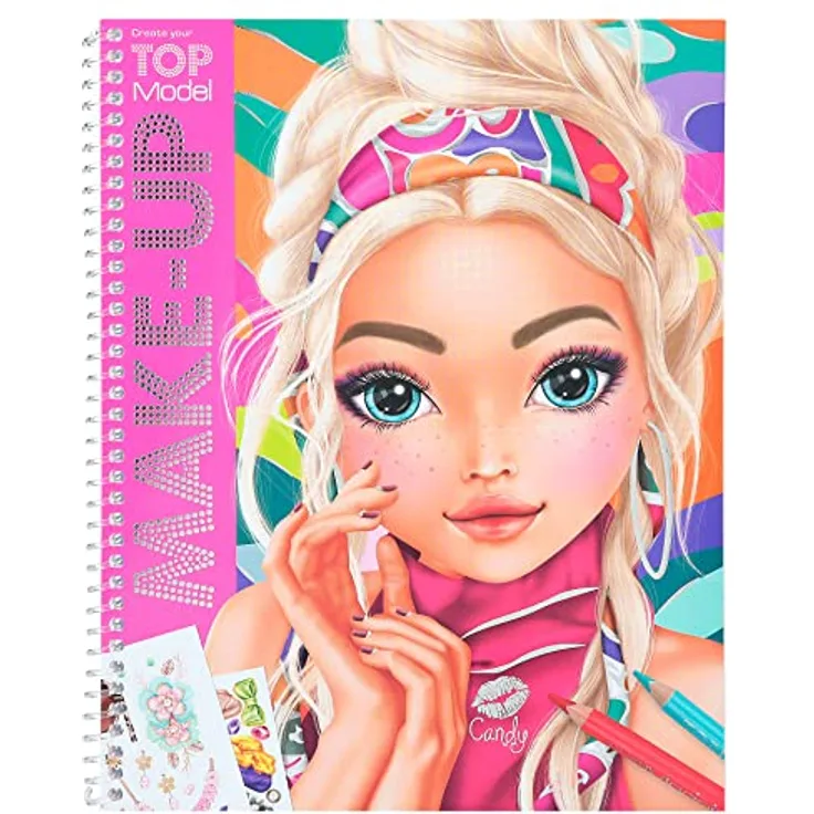 Depesche 12415 Create your TOPModel - Make-Up Malbuch, Ausmalbuch inkl. Stickern, 20 Seiten mit vorgedruckten Gesichtern zum An- und Ausmalen