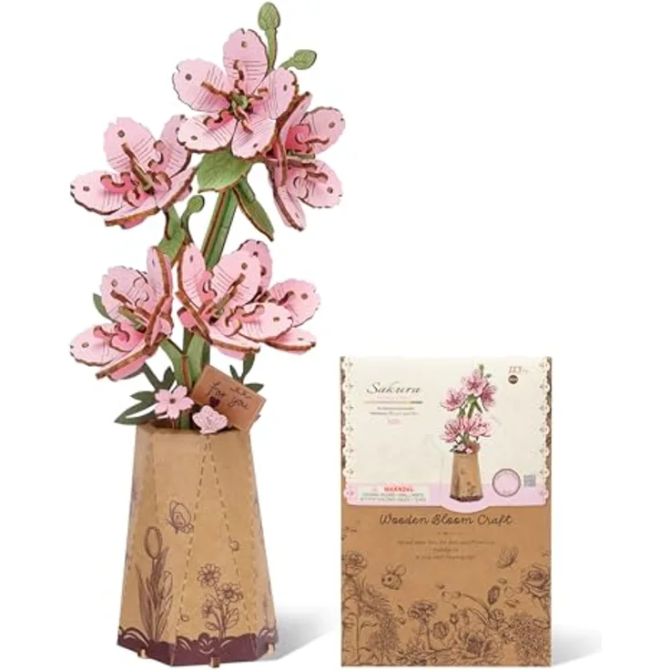 ROBOTIME 3D Holz Blumen Puzzle Sakura, DIY Bastelset für Erwachsene mit verstellbarem Stiel, künstliche ewige Blüten für Valentinstag, Muttertag und Weihnachten