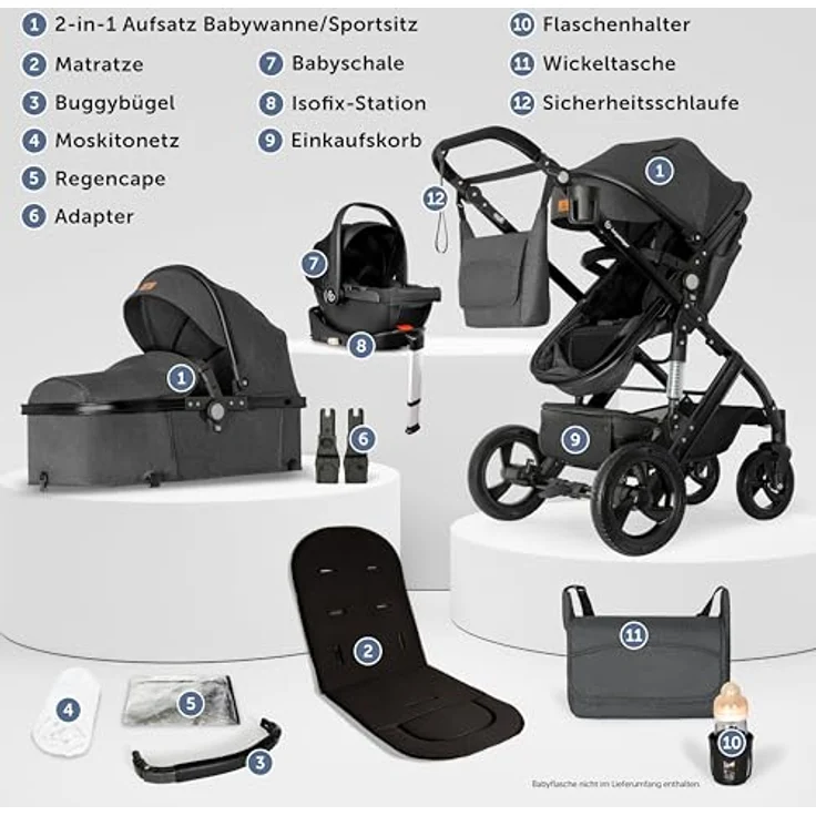 Bergsteiger Nizza 3 in 1 Kinderwagen, Kombikinderwagen Komplettset, Auto-Babyschale & Isofix Station, Babywanne & Buggy Sportsitz inklusive, Farbe: -
 – Bild 3