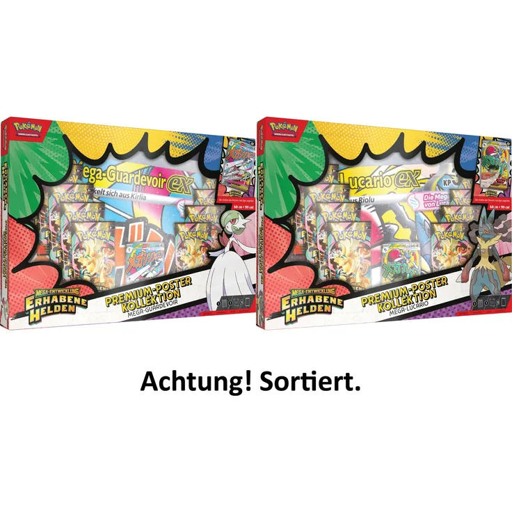 AMIGO Pokémon Premium-Poster-Kollektion Mega-Entwicklung - Erhabene Helden: Mega-Guardevoir-ex//Mega-Lucario-ex, Sammelkarten-Set, nicht geeignet für Kinder unter 36 Monaten