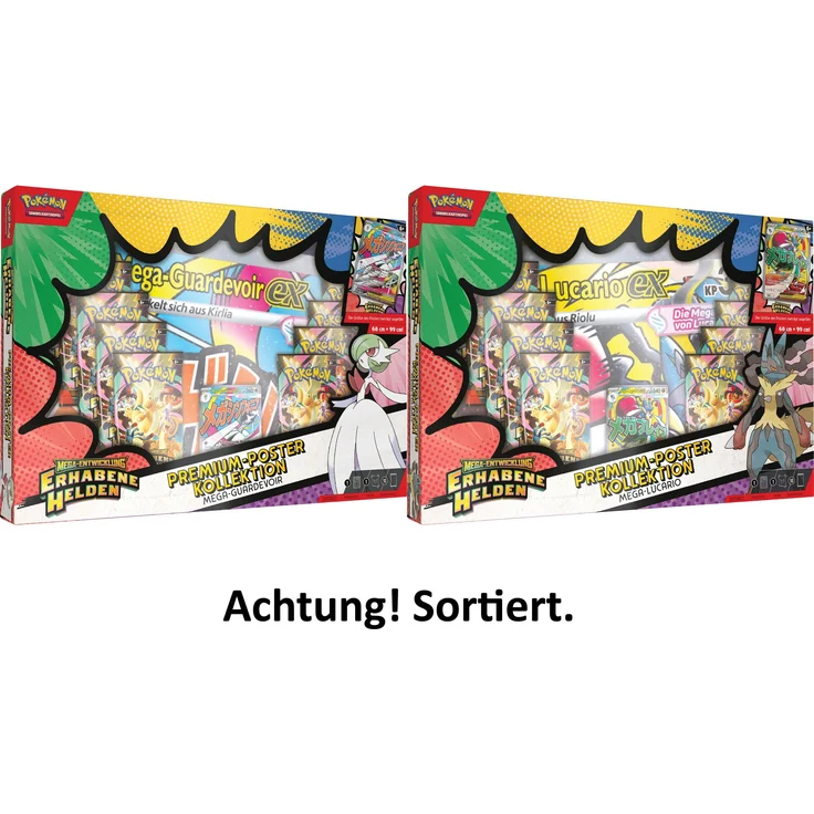 AMIGO Pokémon Premium-Poster-Kollektion Mega-Entwicklung - Erhabene Helden: Mega-Guardevoir-ex//Mega-Lucario-ex, Sammelkarten-Set, nicht geeignet für Kinder unter 36 Monaten