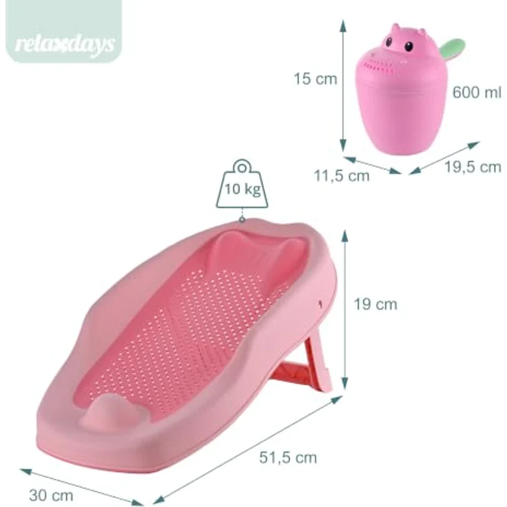 Relaxdays Baby-Badehilfe Set, tränenfreies Haarewaschen mit rutschfester Badestütze, rosa – Bild 4