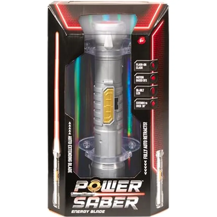 Goliath POWER SABER Rot - Automatisch ausziehbares und einziehbares Laserschwert für Kinder ab 6 Jahren, Realistisches Laserspielzeug, Intergalaktischer Kampf, 30cm/ ausgezogen 90cm, Box Fenster
