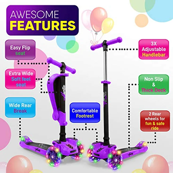 Hurtle ScootKid, Kinderscooter mit klappbarem und abnehmbarem Sitz, großen Rädern, LED-Lichtern, verstellbarem Lenker für Kinder bis 60 kg – Bild 2